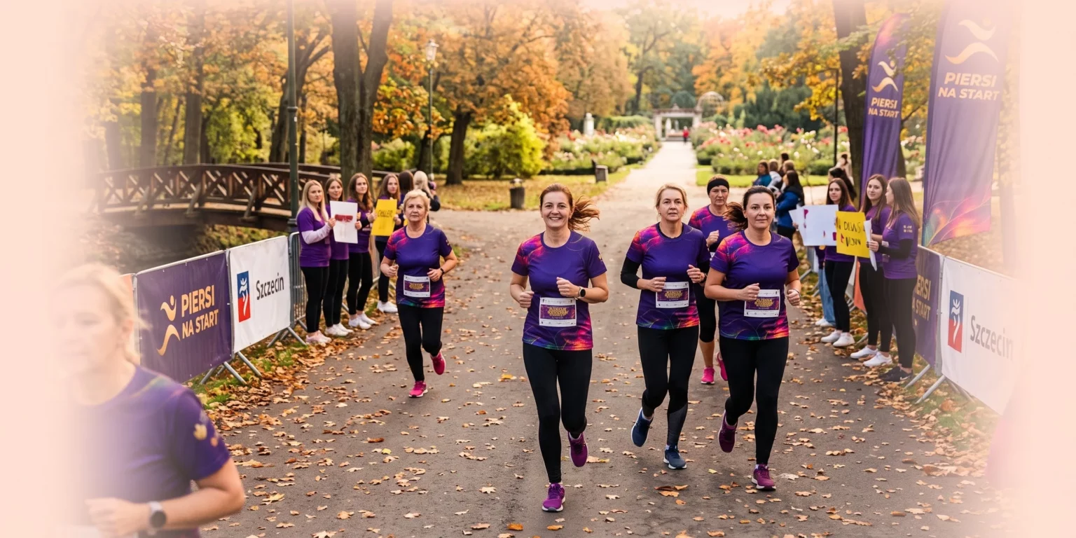 Uczestniczki biegu Piersi na Start biegnące przez park jesienią